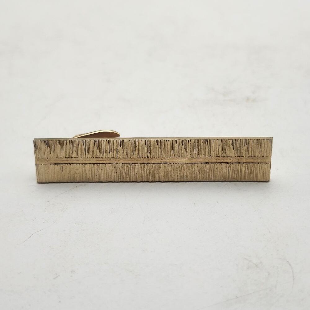 Vintage Gold Tone Textured Tie Clip Bar Rectangular Ribbed Mens Formal Accessory